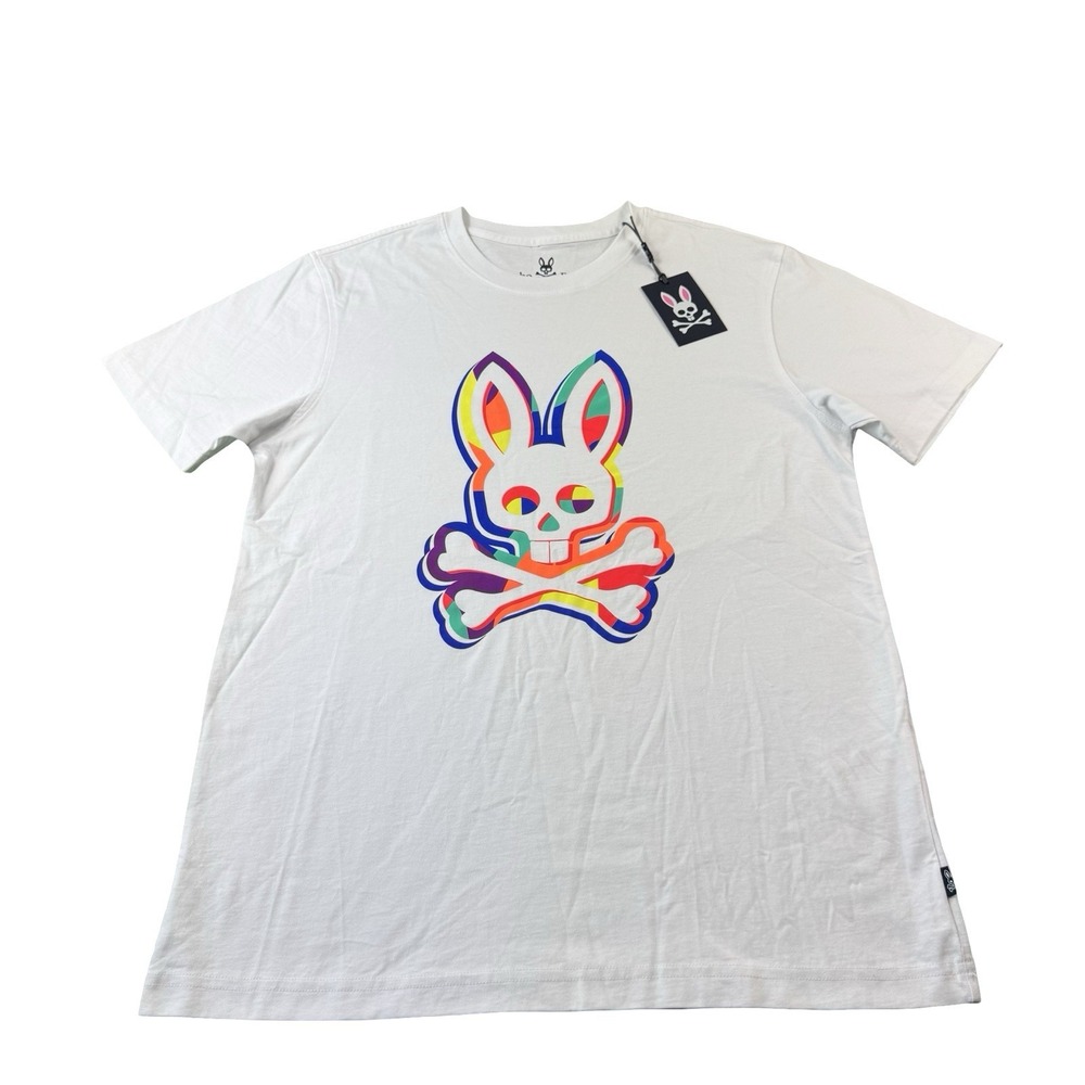 Psycho Bunny White Multicolor Bunny Logo Mens Pima Cotton T Shirt Size 5 NWT